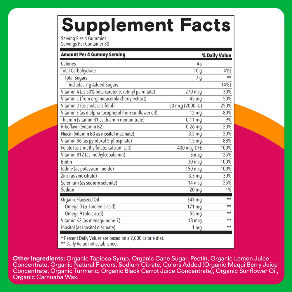 SmartyPants Organic Women’s Multivitamin Gummies label highlights organic and vegetarian ingredients