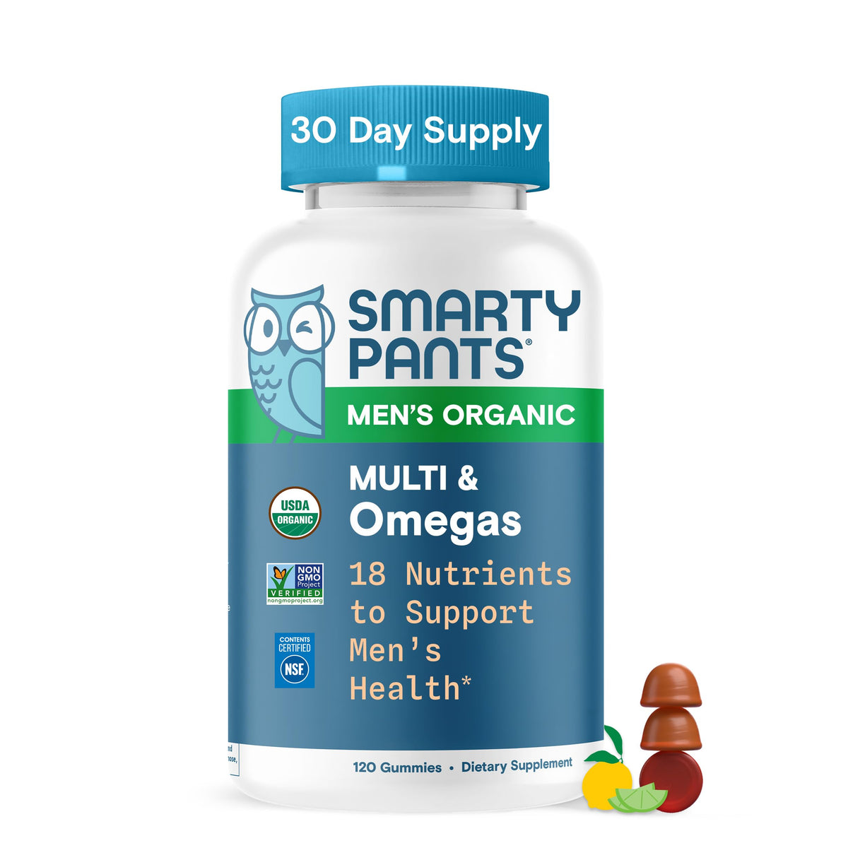 SmartyPants Organics Men’s Multivitamin bottle front shows organic gummies for daily support.