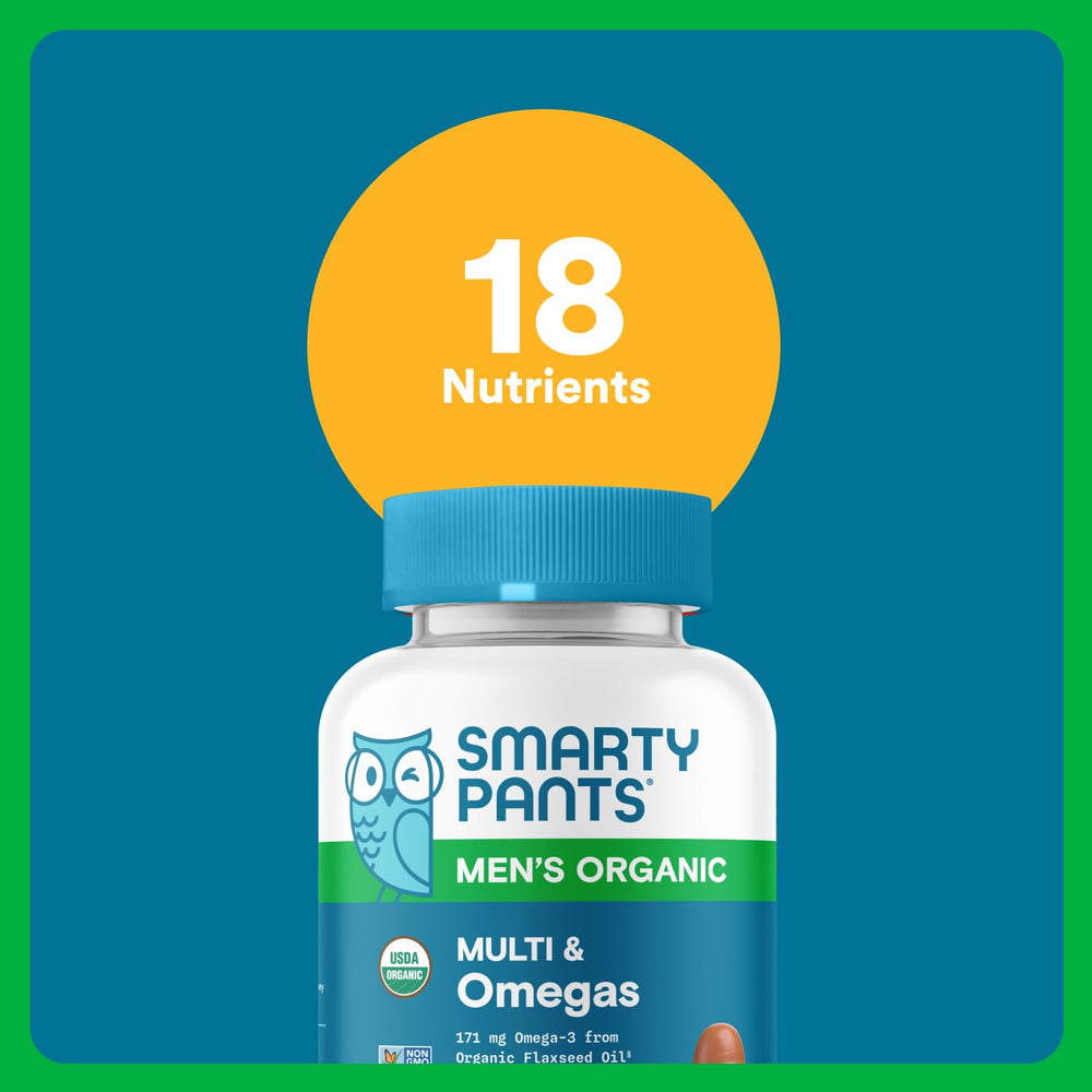SmartyPants Organics Men’s Multivitamin four gummies serving illustrates convenient daily dose.