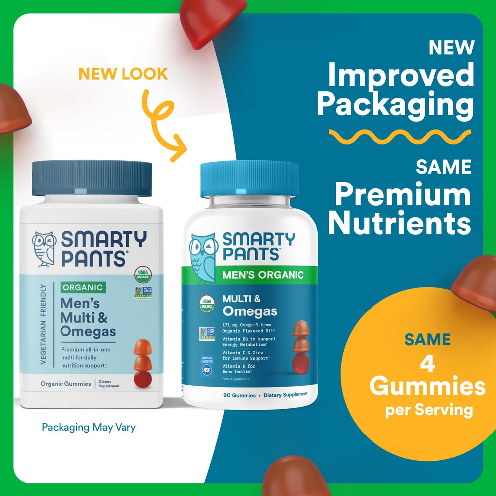 SmartyPants Organics Men’s Multivitamin gummies close-up highlights tasty, nutrient-rich daily use.