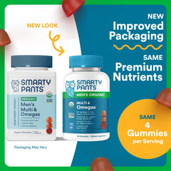SmartyPants Organics Men’s Multivitamin gummies close-up highlights tasty, nutrient-rich daily use.