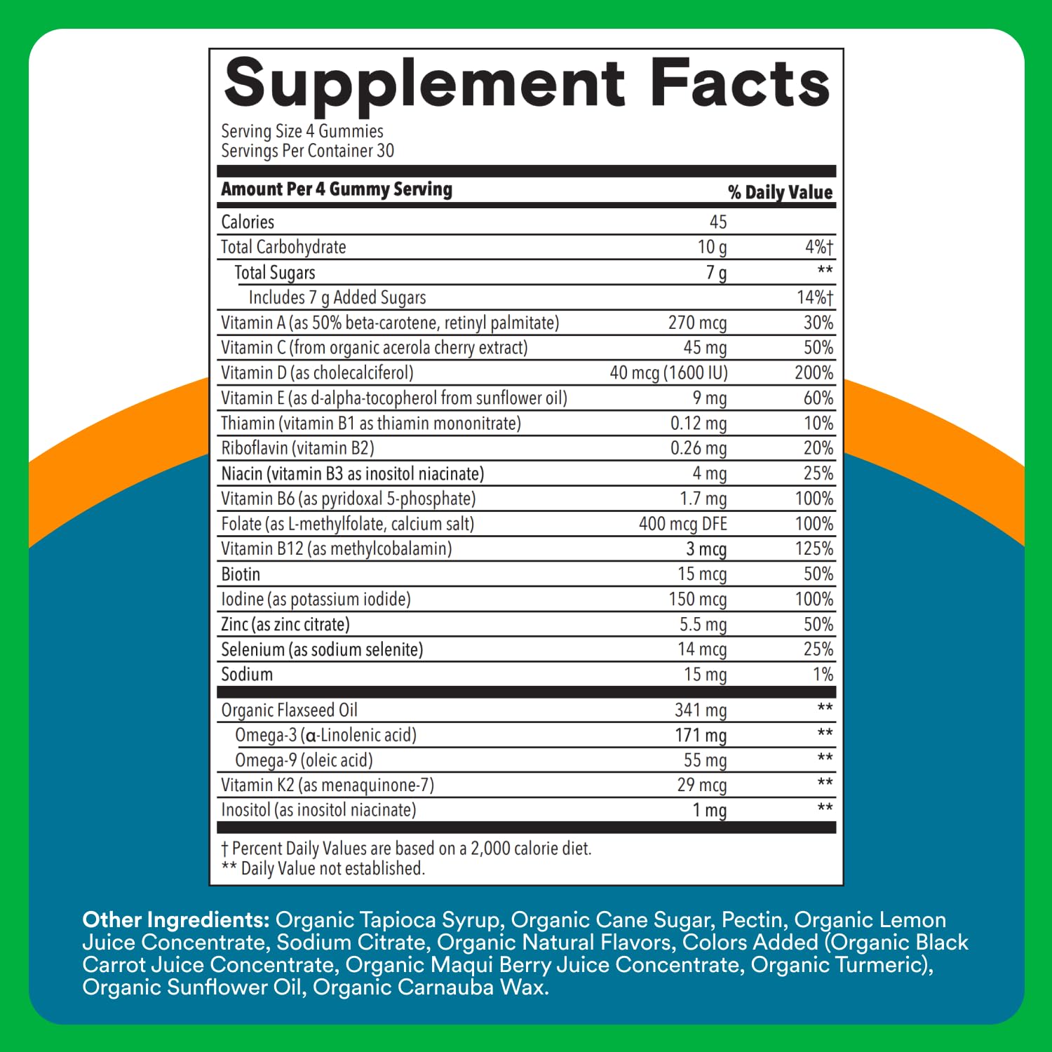 SmartyPants Organics Men’s Multivitamin label detail features methylfolate and D3 for absorption.
