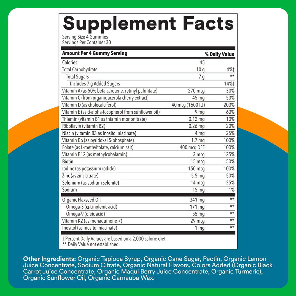 SmartyPants Organics Men’s Multivitamin label detail features methylfolate and D3 for absorption.