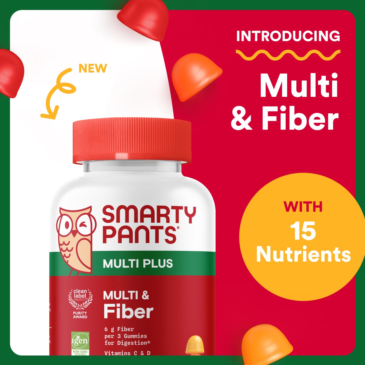 SmartyPants plus multi fiber gummies jar label highlights 15 essential nutrients.