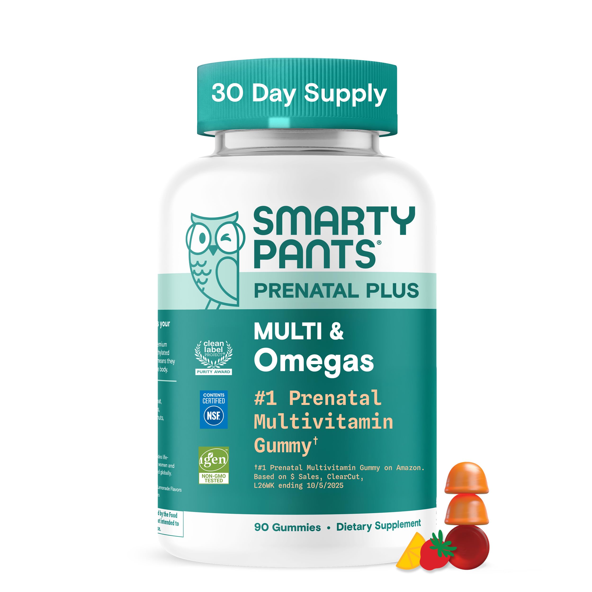 SmartyPants Prenatal Gummies in orange bottle support daily prenatal nutrition.