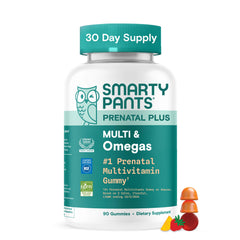 SmartyPants Prenatal Gummies in orange bottle support daily prenatal nutrition.