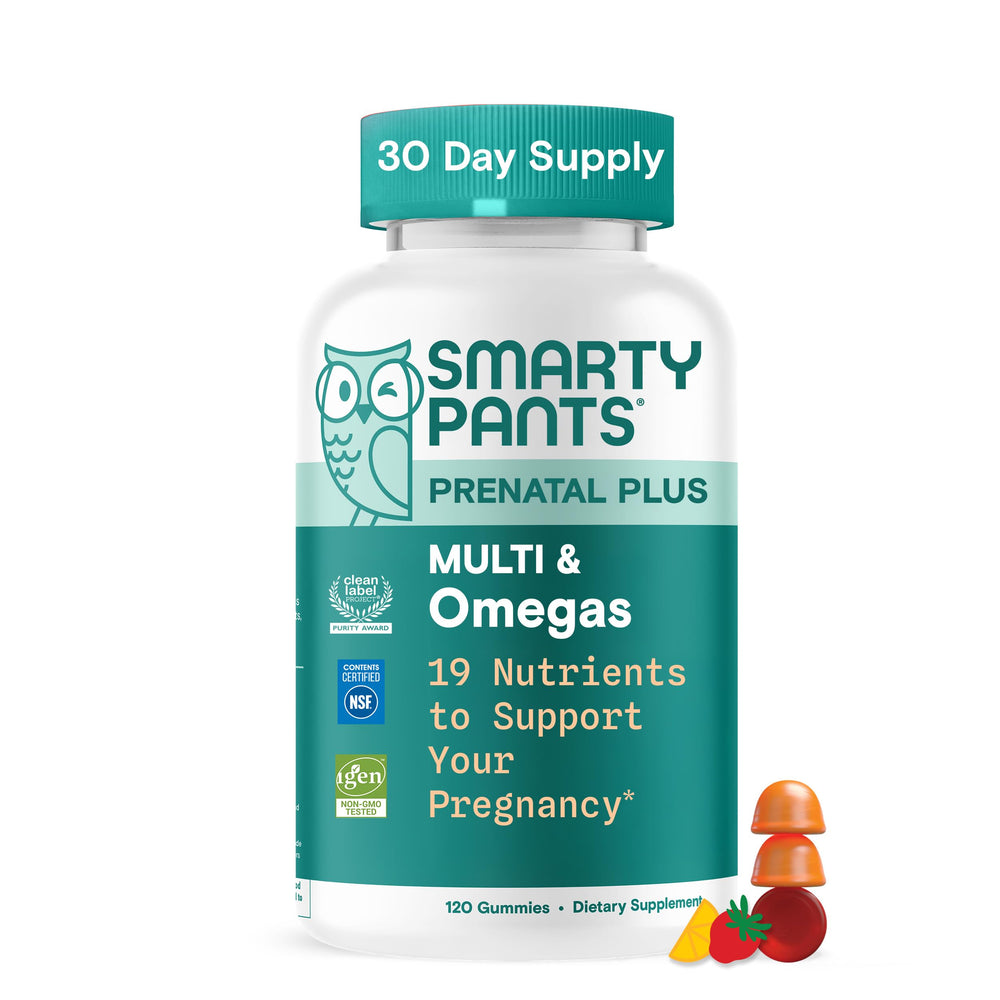 SmartyPants Prenatal Plus Omega Multi bottle for convenient daily nutrition.