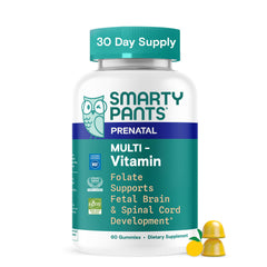SmartyPants Prenatal bottle front view showing a tasty daily multivitamin for expectant moms