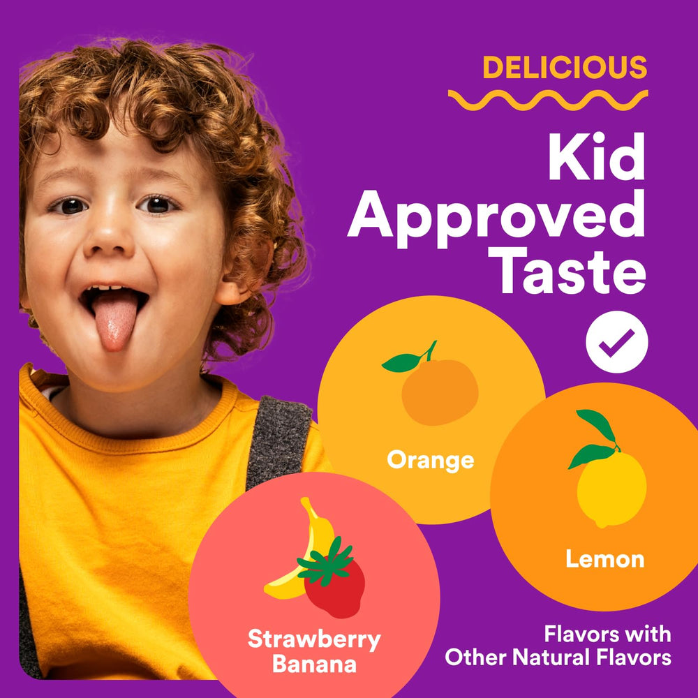 Kid-friendly chewed gummies shown during morning routine.