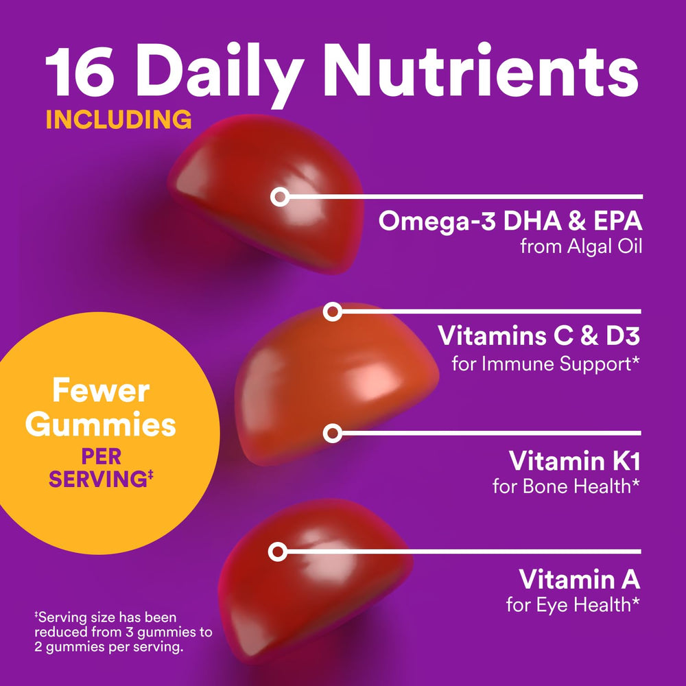 Two gummies per day serving shown for toddlers.