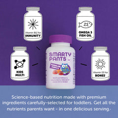 SmartyPants three-flavor gummies graphic with grape, orange, blueberry.