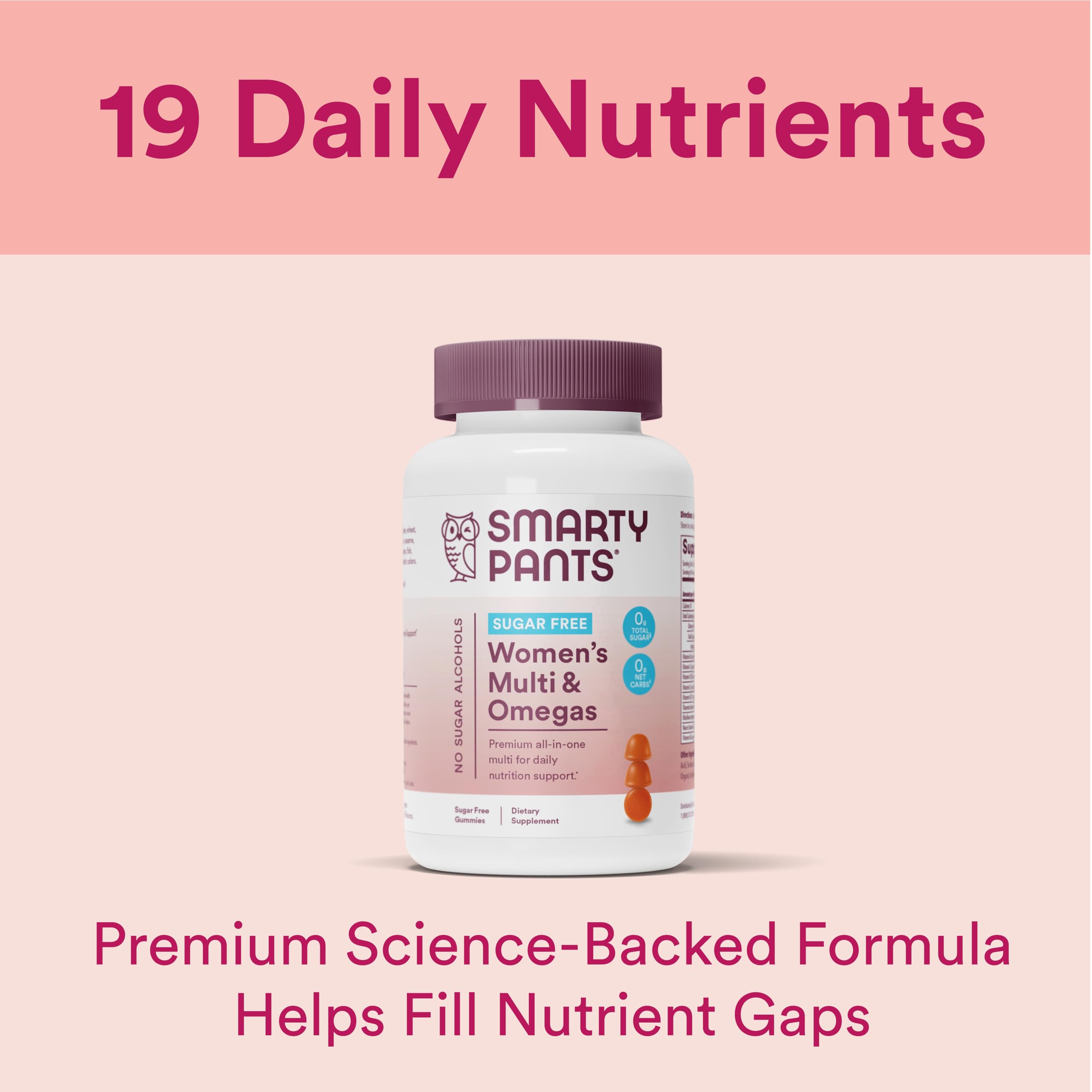 SmartyPants gummies close-up shows ingredients emphasizing bioavailable nutrients for easy absorption.