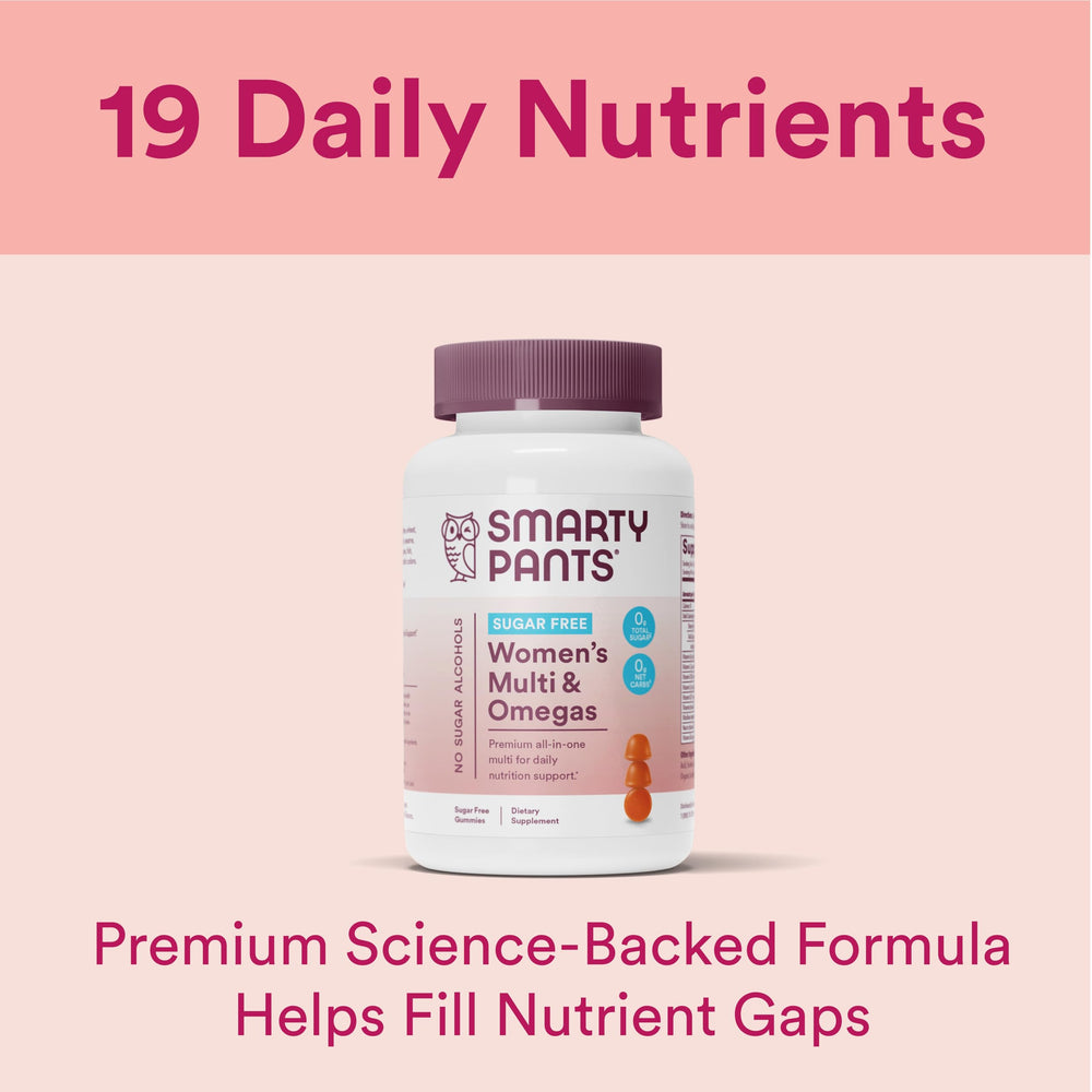 SmartyPants gummies close-up shows ingredients emphasizing bioavailable nutrients for easy absorption.