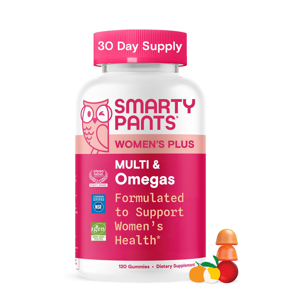 SmartyPants Women's Plus Multi & Omegas bottle highlights 21 nutrients for daily wellness.
