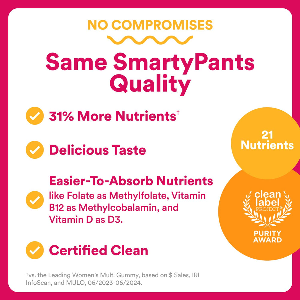 SmartyPants label emphasizes non-GMO, no artificial flavors, and third-party testing.