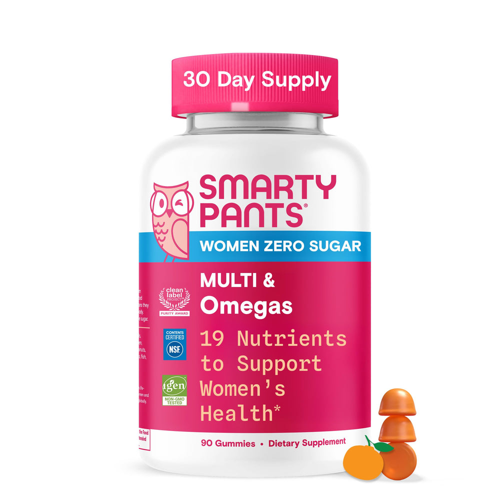 SmartyPants Zero Sugar Women’s Multivitamin Gummies bottle highlighting sugar-free formula for daily wellness.