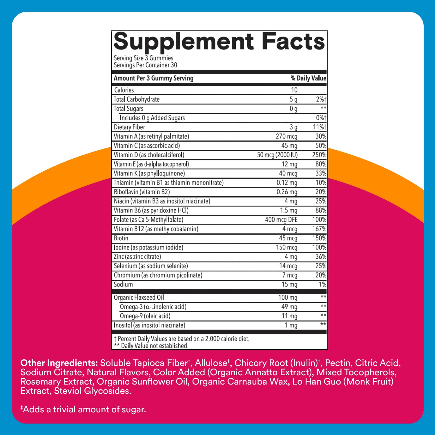 SmartyPants Zero Sugar Multivitamin label close-up highlighting D3, B12, and methylfolate.