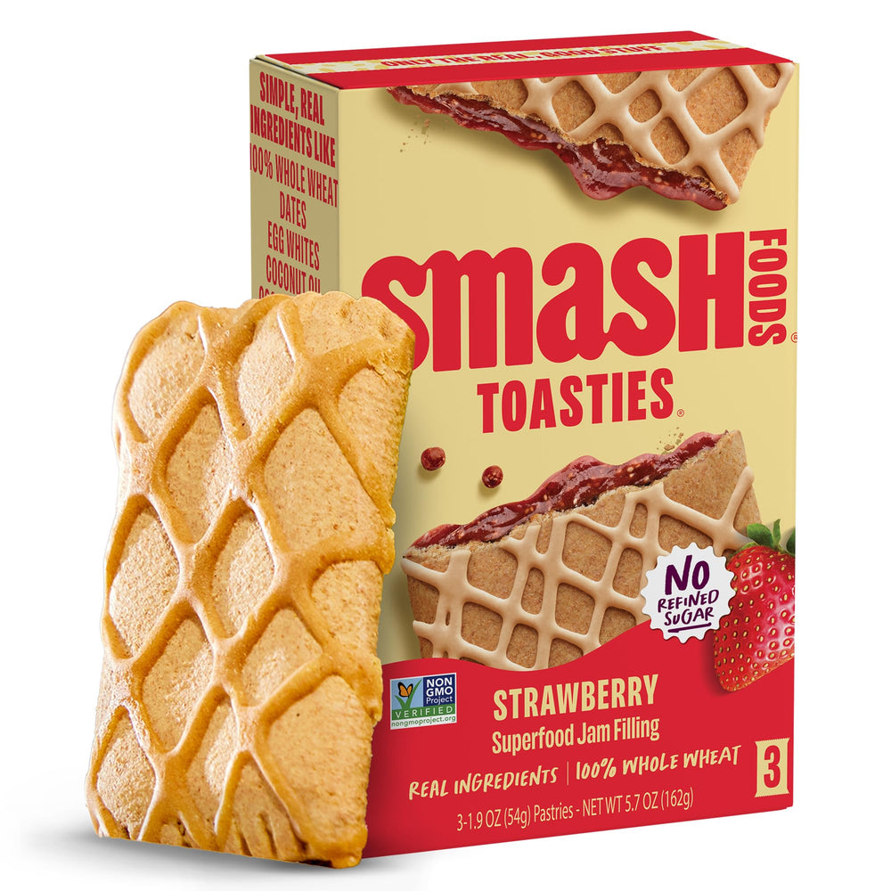 Smash Foods Toasties Strawberry jar; premium strawberry flavor for toast, yogurt, and desserts.