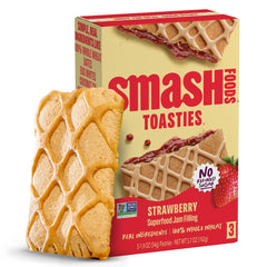 Smash Foods Toasties Strawberry jar; premium strawberry flavor for toast, yogurt, and desserts.