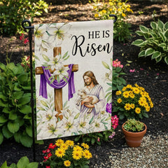 SMBLCE Easter garden flag with cross and lilies, durable polyester for outdoor use.