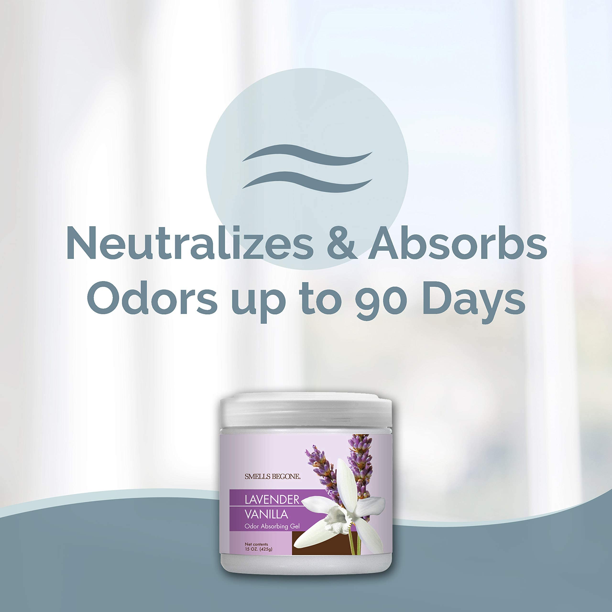 Smells Begone lavender-vanilla gel-odor-eliminator covers up to 450 sq ft of space.