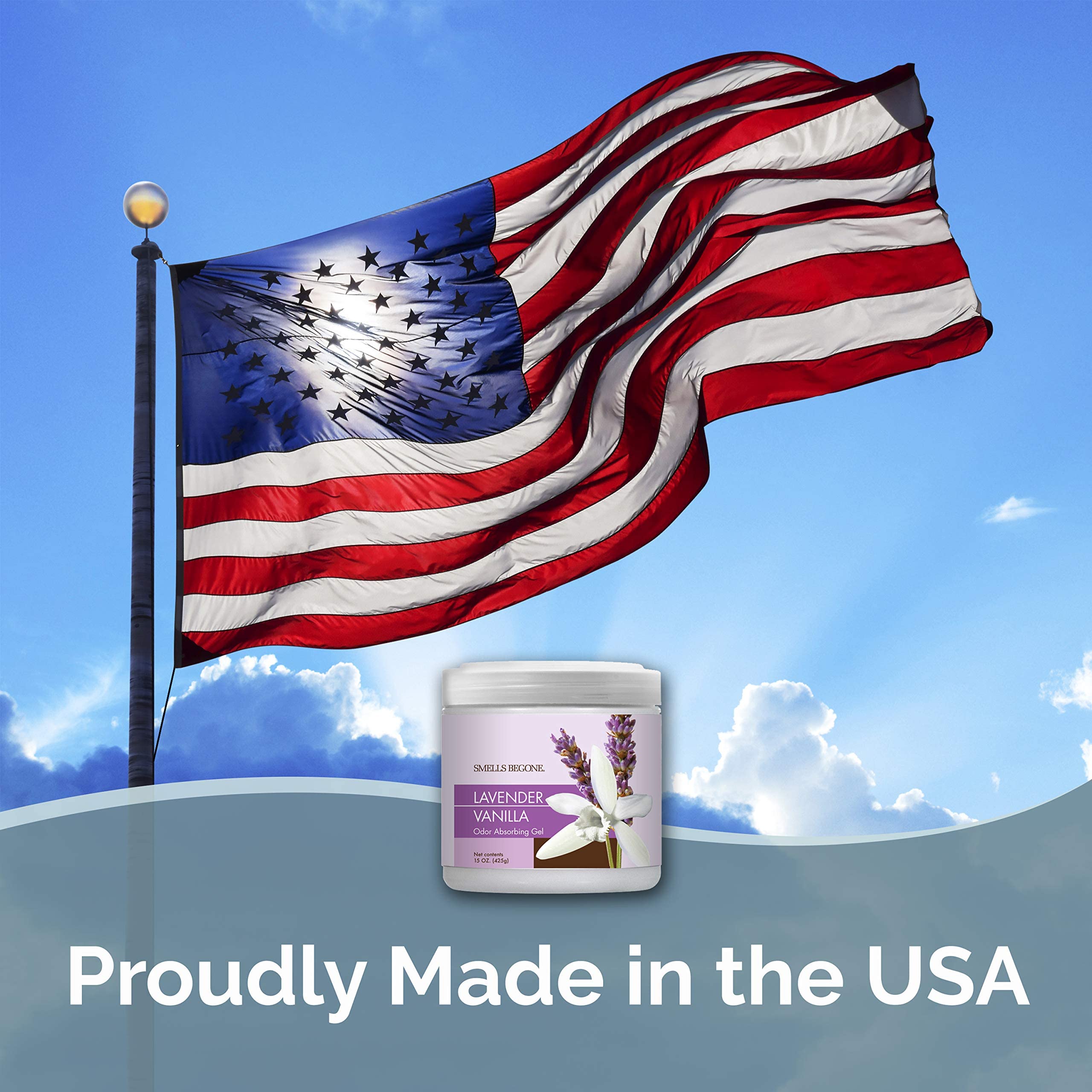 Smells Begone USA-made gel sits in a garage corner absorbing odors.
