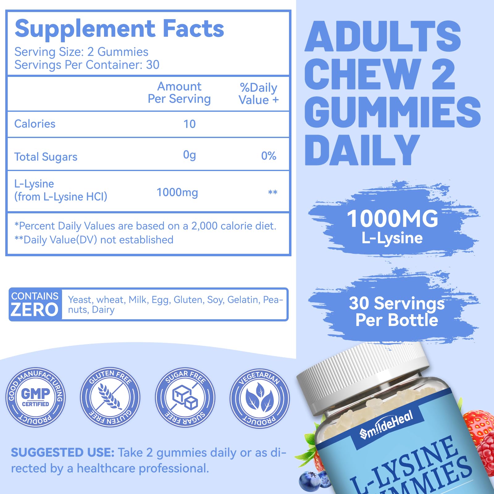 Vegan and gluten-free SmildeHeal L-Lysine gummies