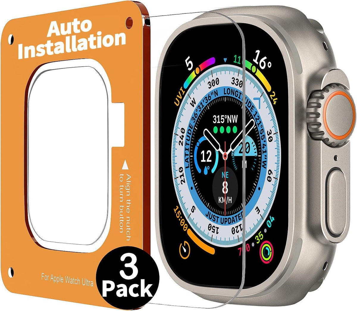 Smiling 3-pack screen protector with auto-alignment for Apple Watch Ultra frame.