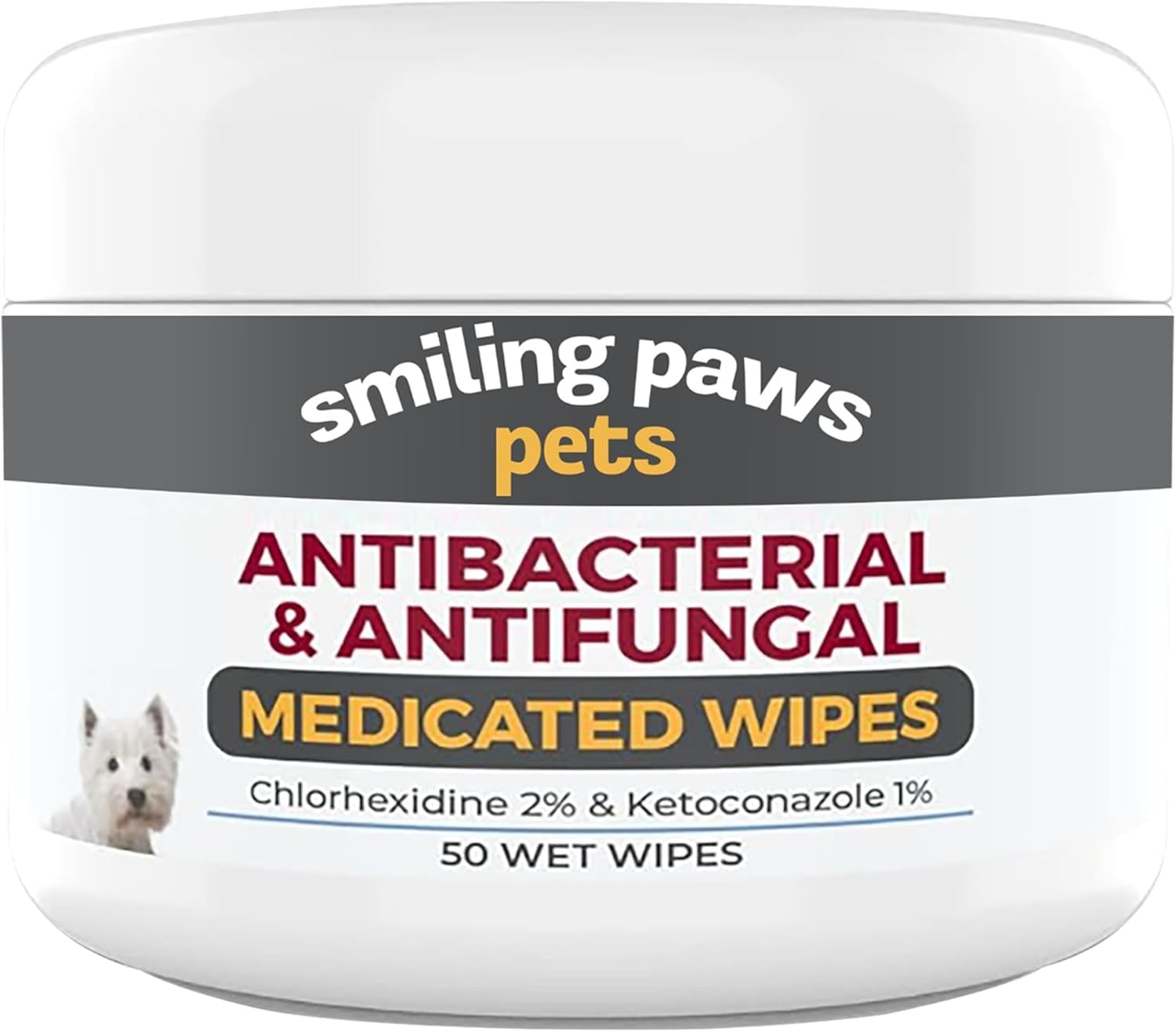 Smiling Paws Antibacterial Wipes packaging for dogs and cats, easy to store for quick skin care.