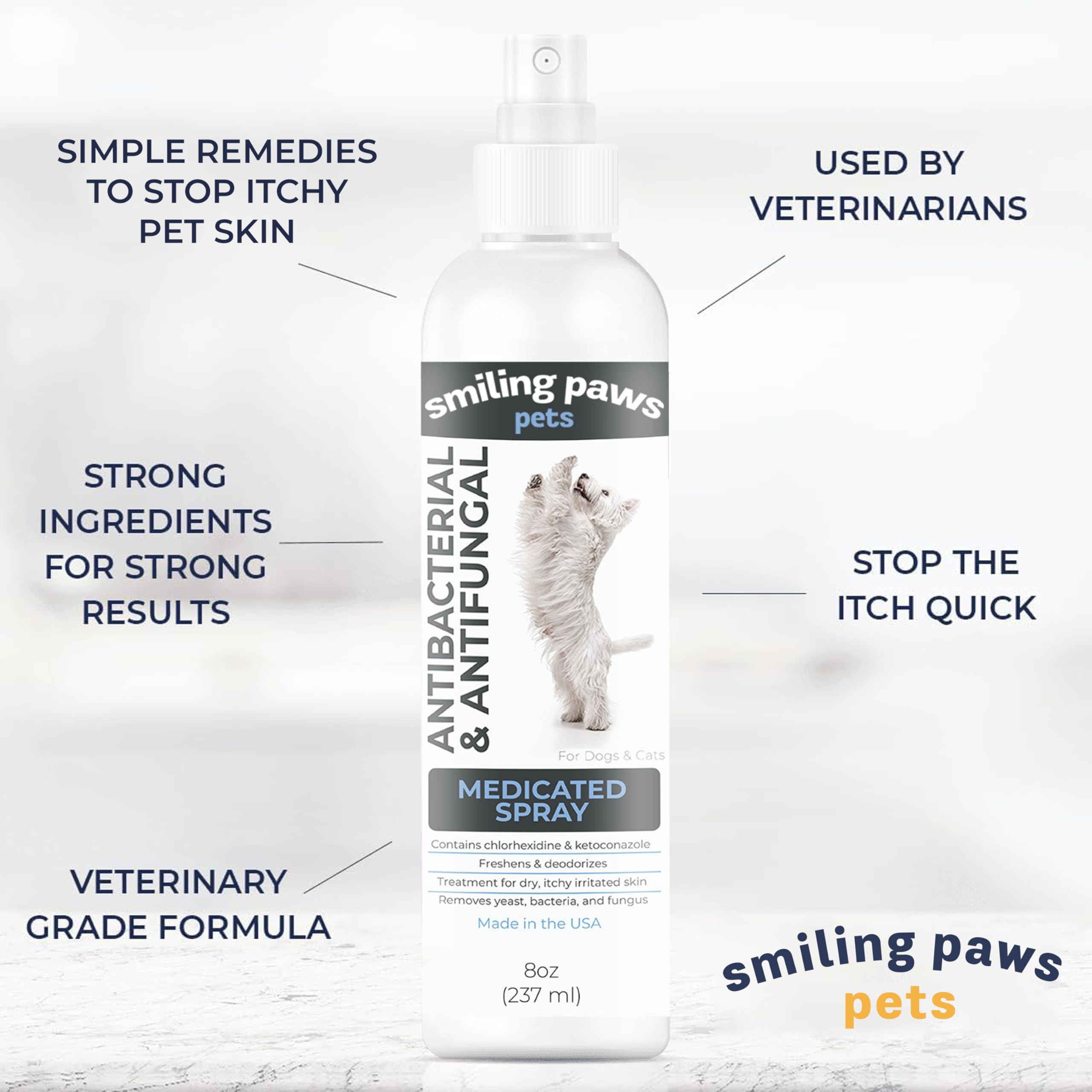 Chlorhexidine spray mist covering dog and cat skin for balanced care.