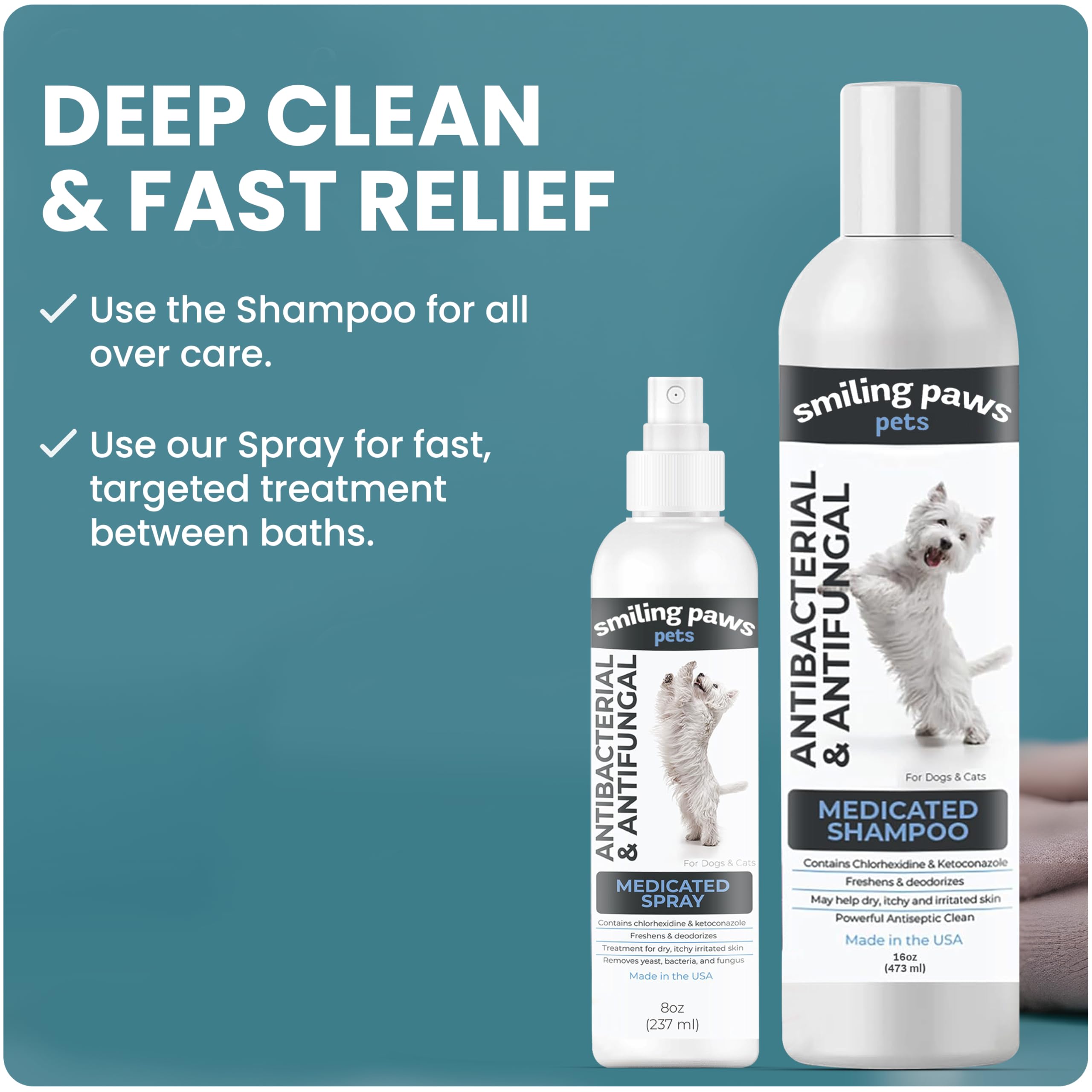 One bottle suitable for both dogs and cats in home pet care.