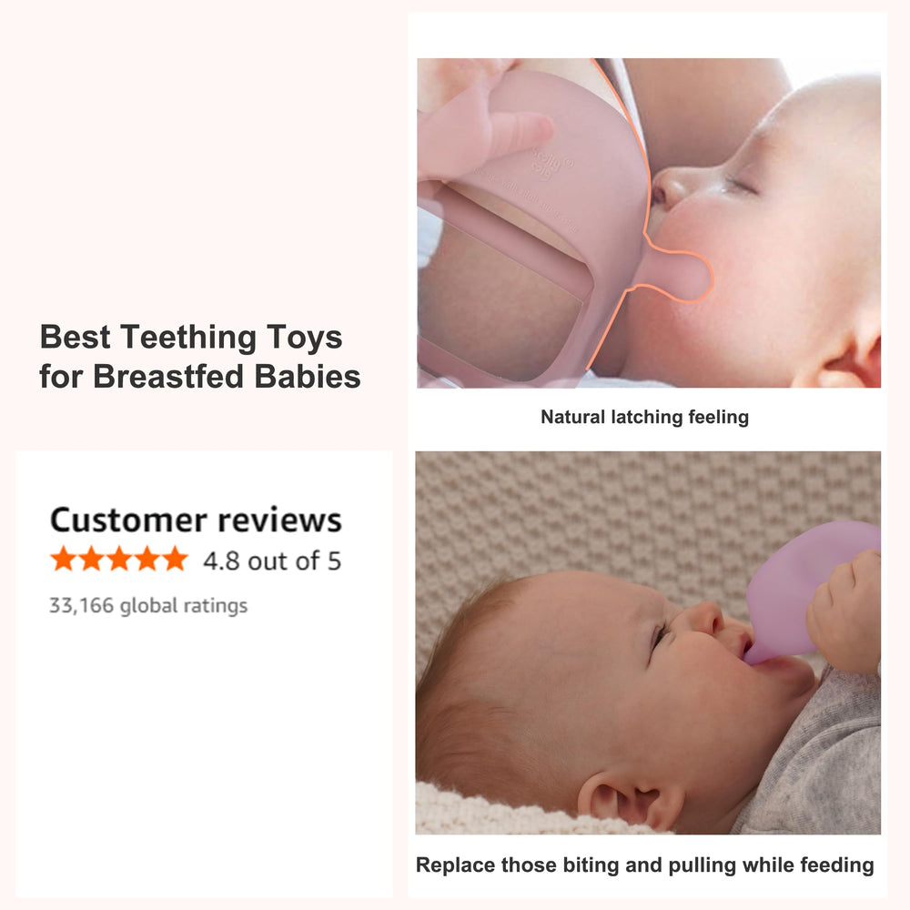 Smily Mia penguin teether in baby hand demonstrates easy access for mouthing
