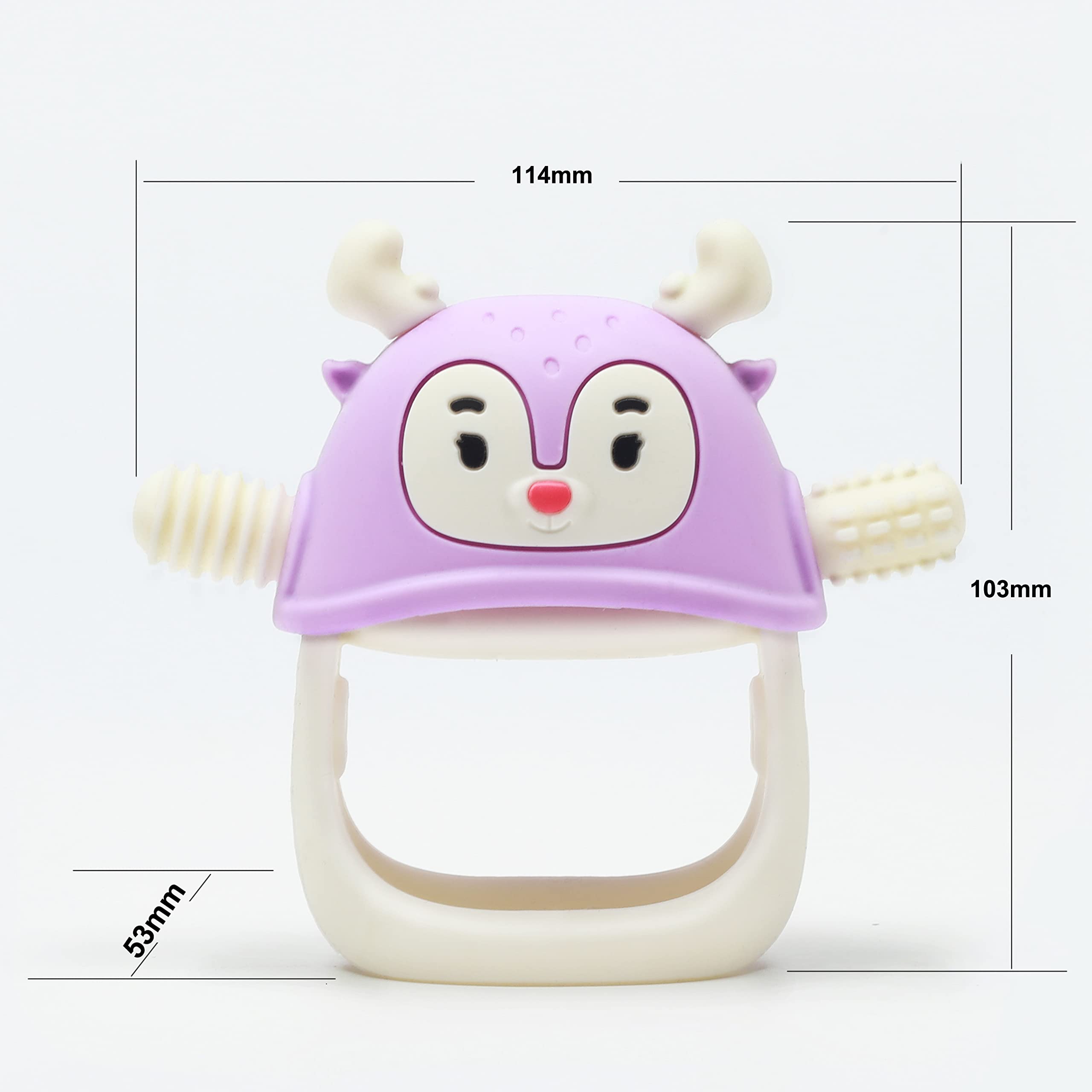Smily Mia Reindeer teether in purple color attracts attention.