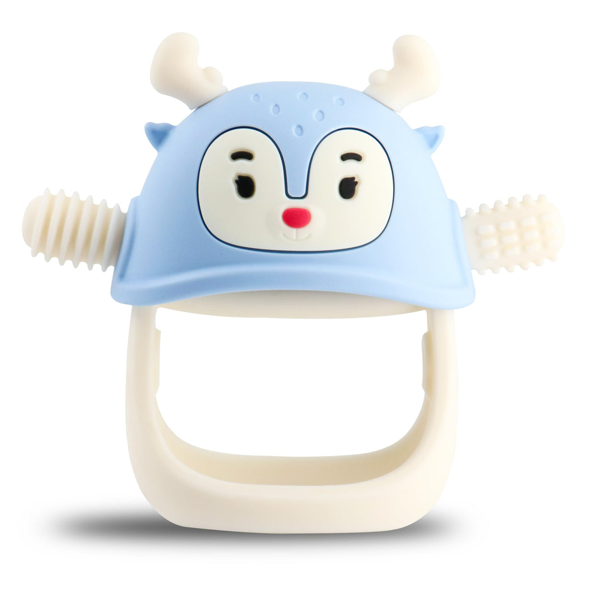 Smily Mia teething mitten in ocean blue soothing gums with silicone textures.