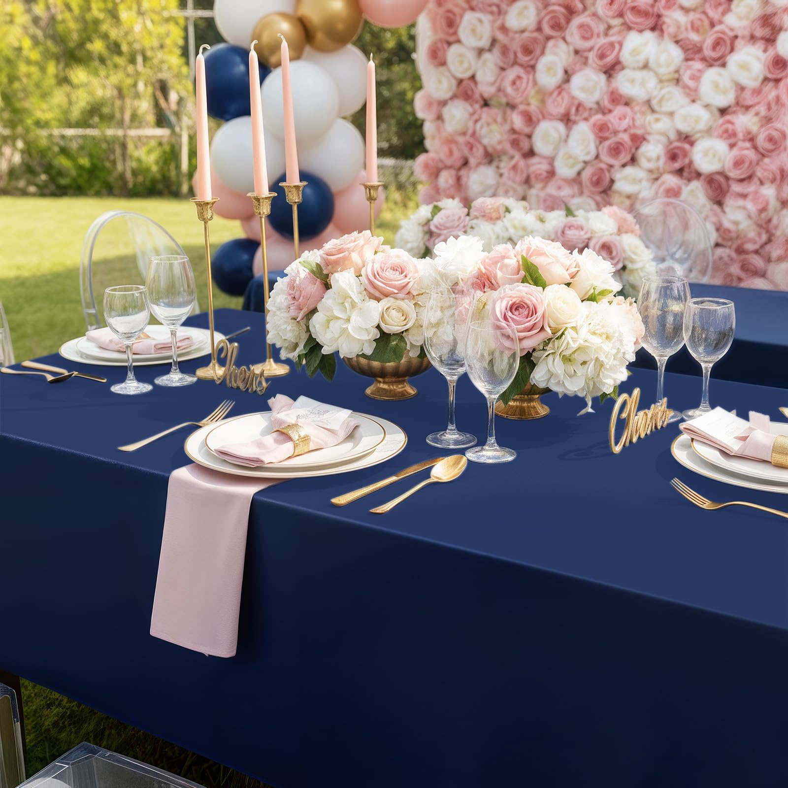 Smiry navy outdoor table cover for gatherings with a clean look.