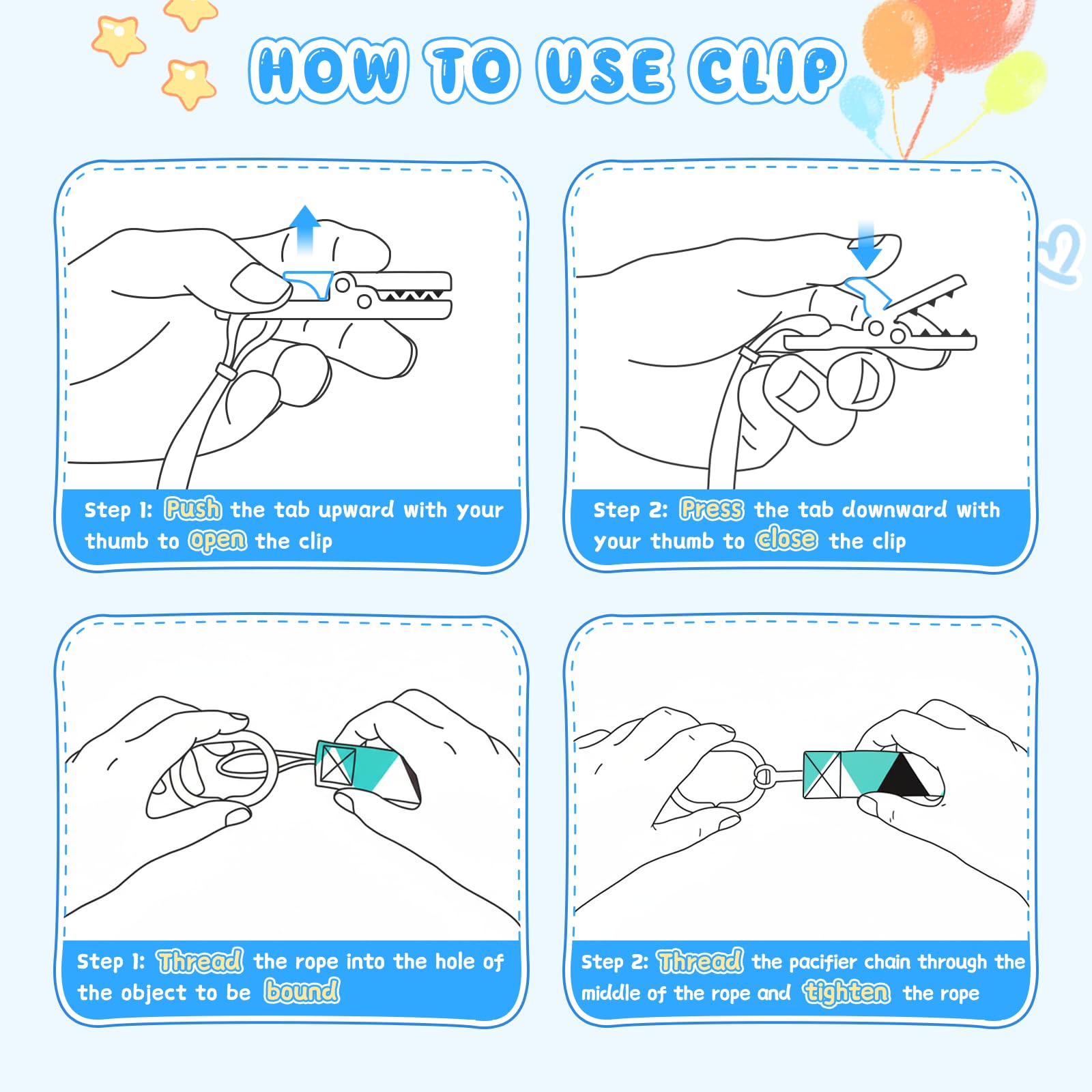Smlpuame water-resistant pacifier clip resists mess and cleans easily.