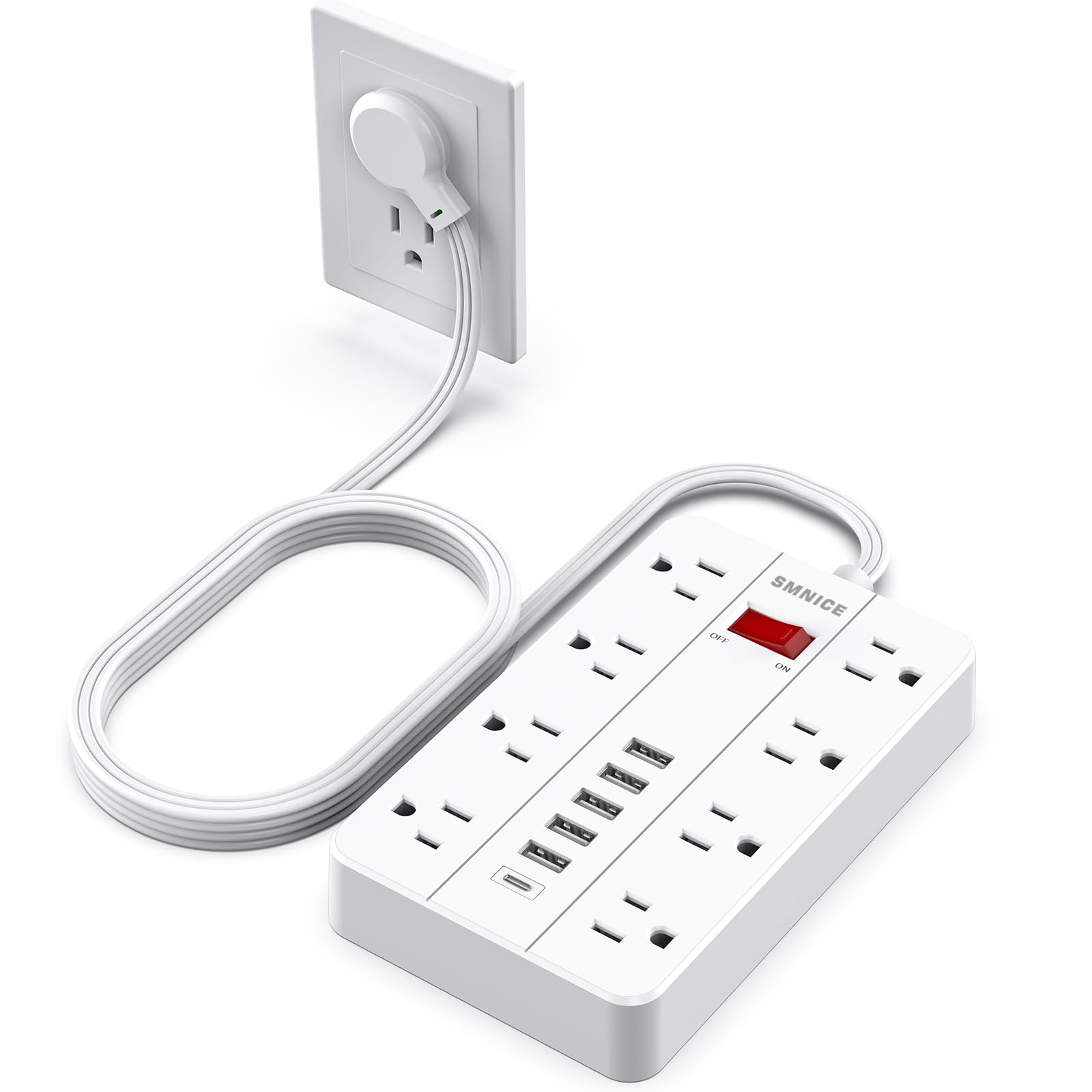 SMNICE power strip with flat plug wall-mount setup for discreet behind-furniture charging