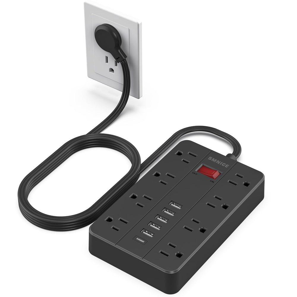 SMNICE power strip with flat plug demonstrates discreet wall-mount usability.