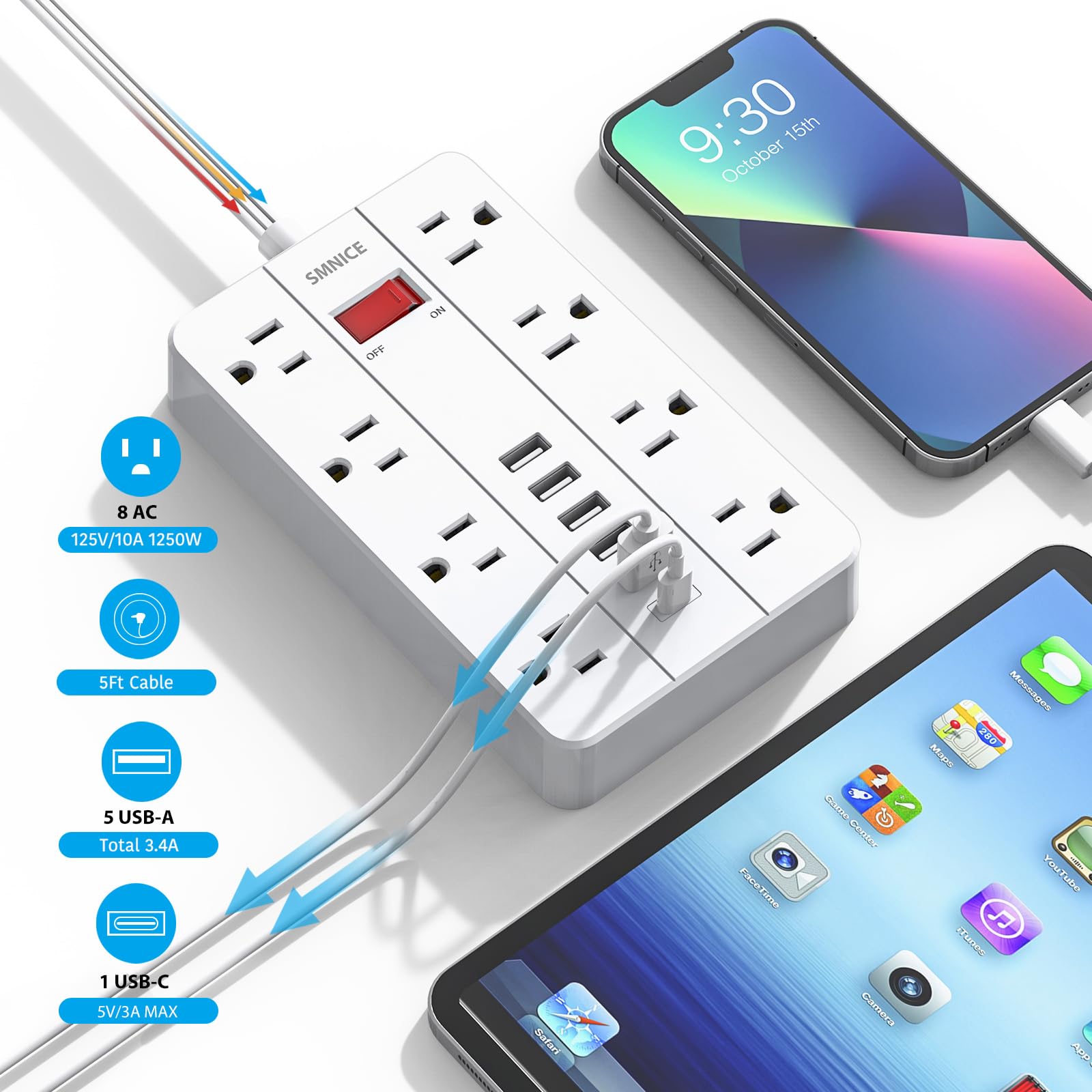 SMNICE USB C port with six USB ports for convenient device charging
