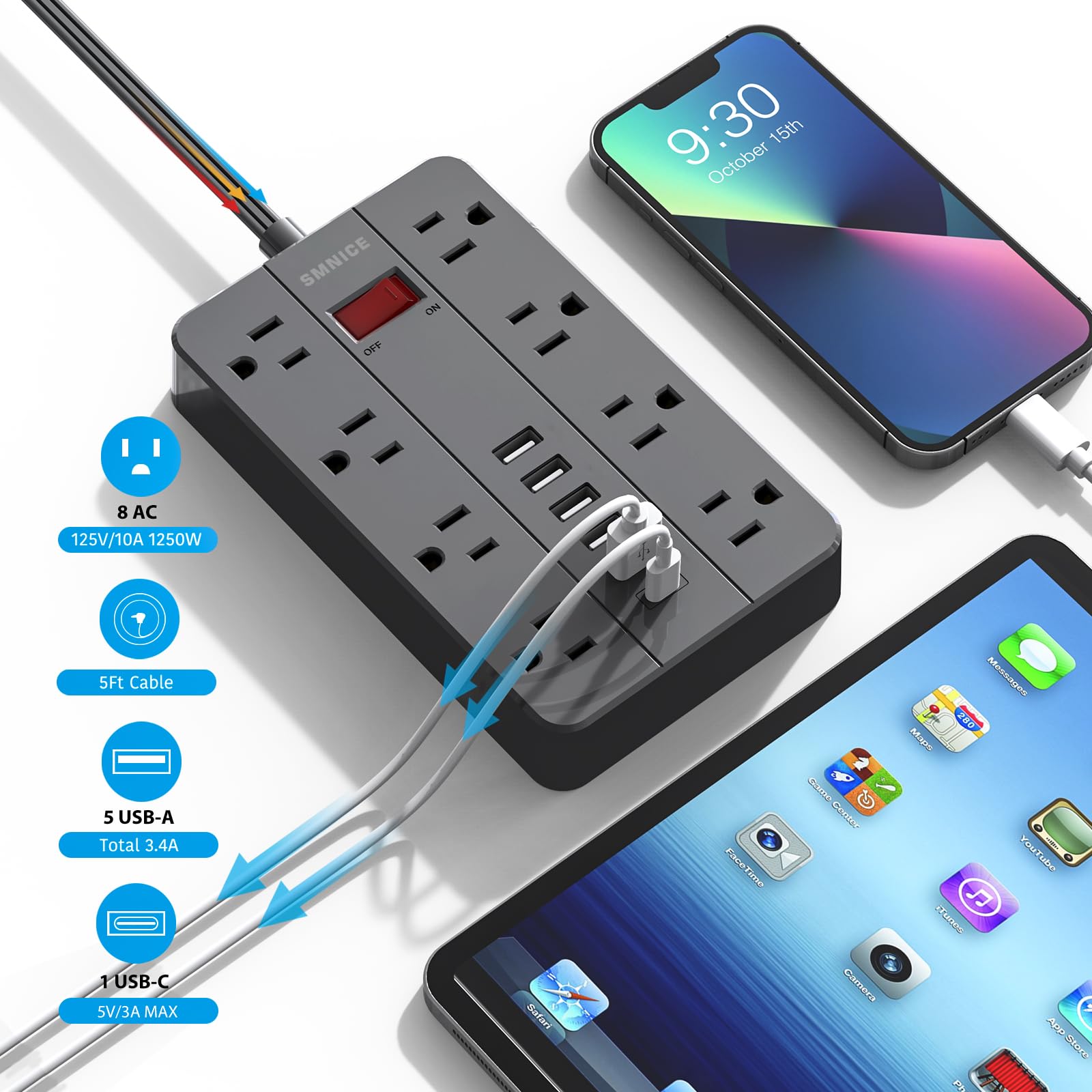 SMNICE power strip with wide-spaced outlets fits large adapters.