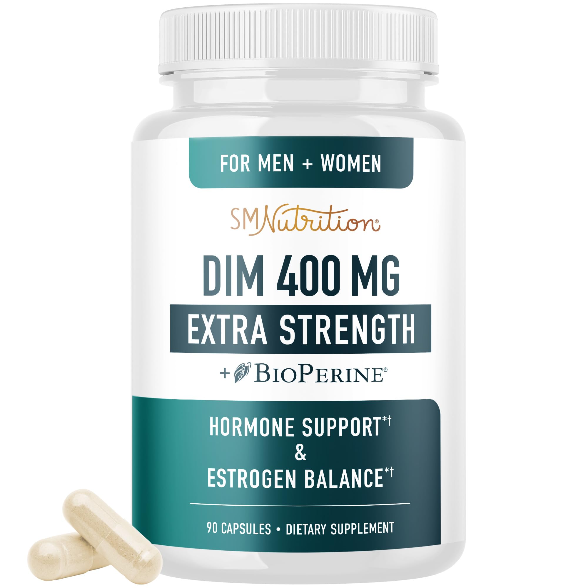 SMNutrition DIM 400mg bottle shown for daily hormone balance and wellness.