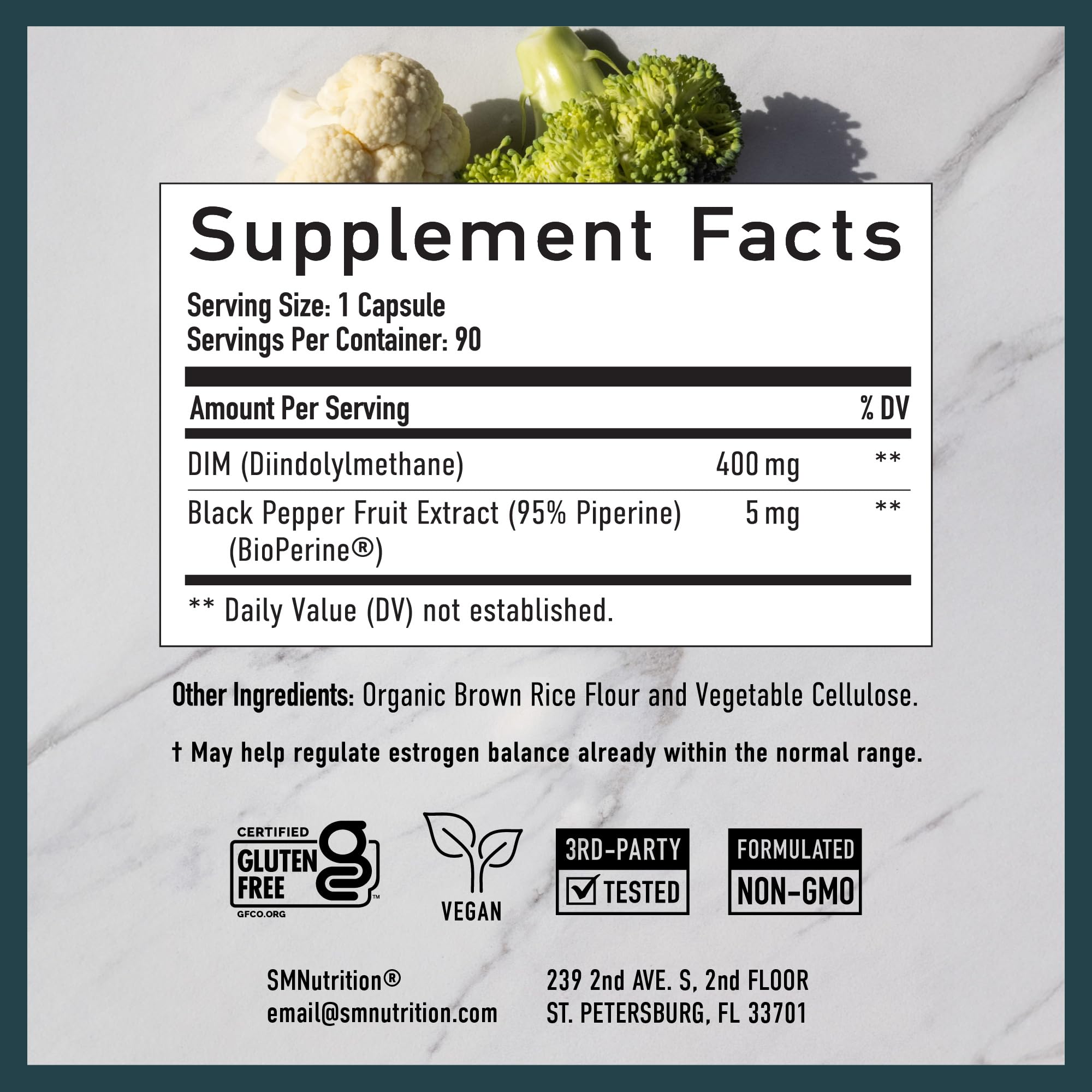 SMNutrition DIM 400mg vegan and allergen-free certifications visible on packaging.