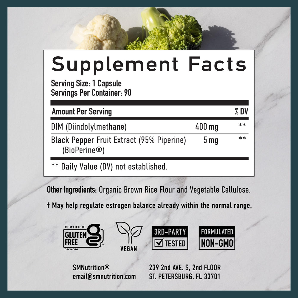 SMNutrition DIM 400mg vegan and allergen-free certifications visible on packaging.