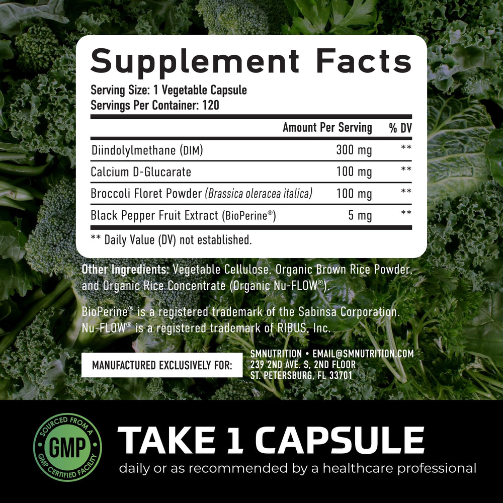 SMNutrition DIM gluten-free badge on packaging highlights allergen-friendly formula.