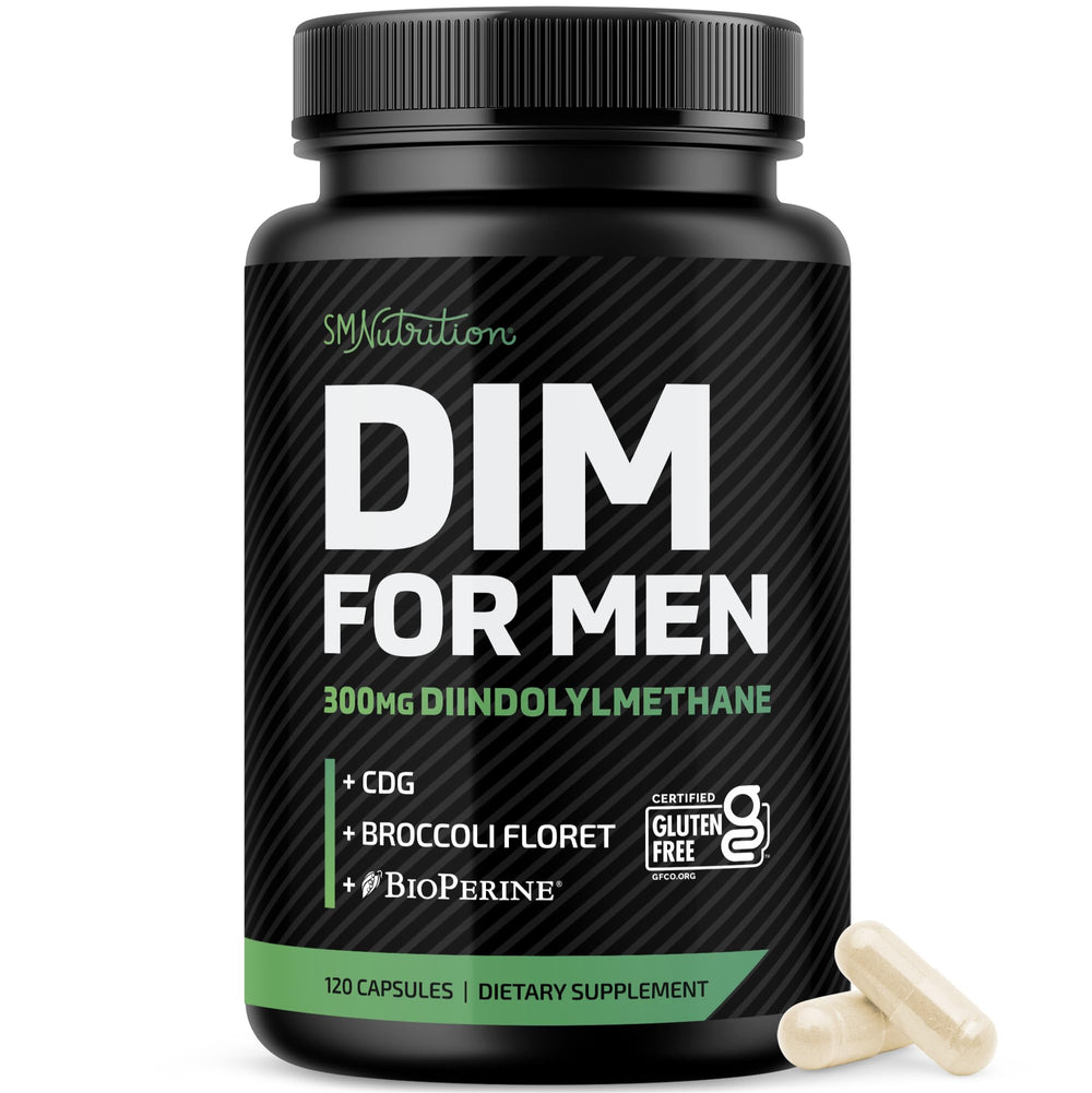 SMNutrition DIM supplement bottle highlights 300 mg dose for male hormone balance.
