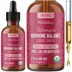 SMNutrition Hormone Balance bottle label highlighting vegan formula for menopause support.