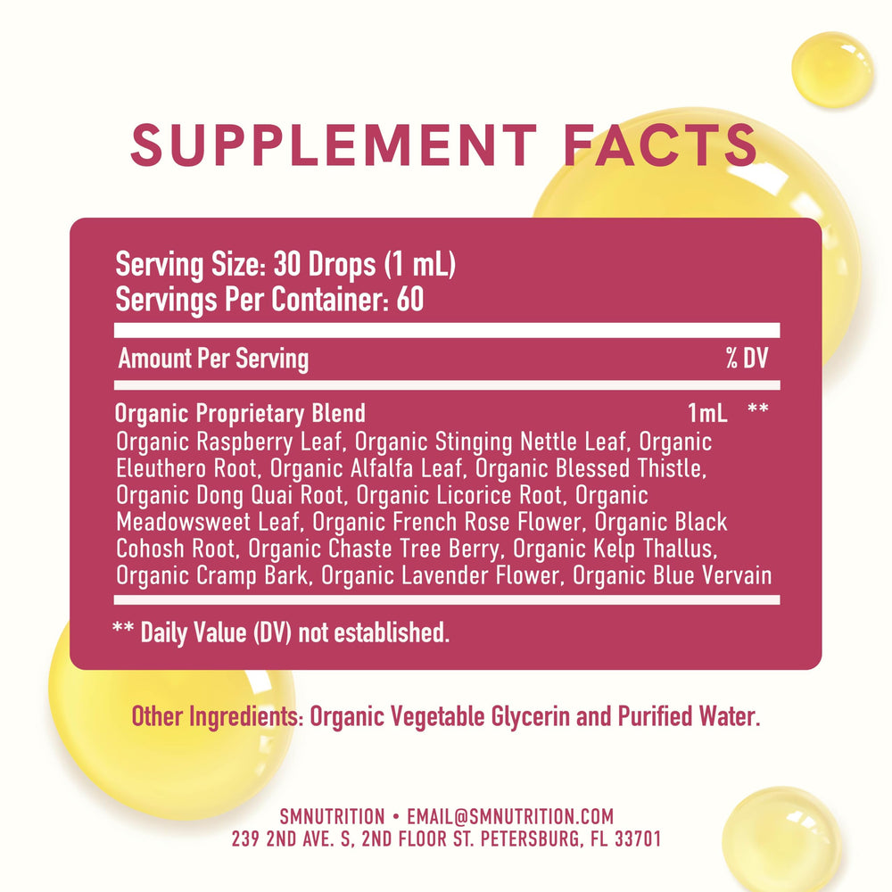 SMNutrition Hormone Balance vegan formula highlights plant-based, alcohol-free profile.