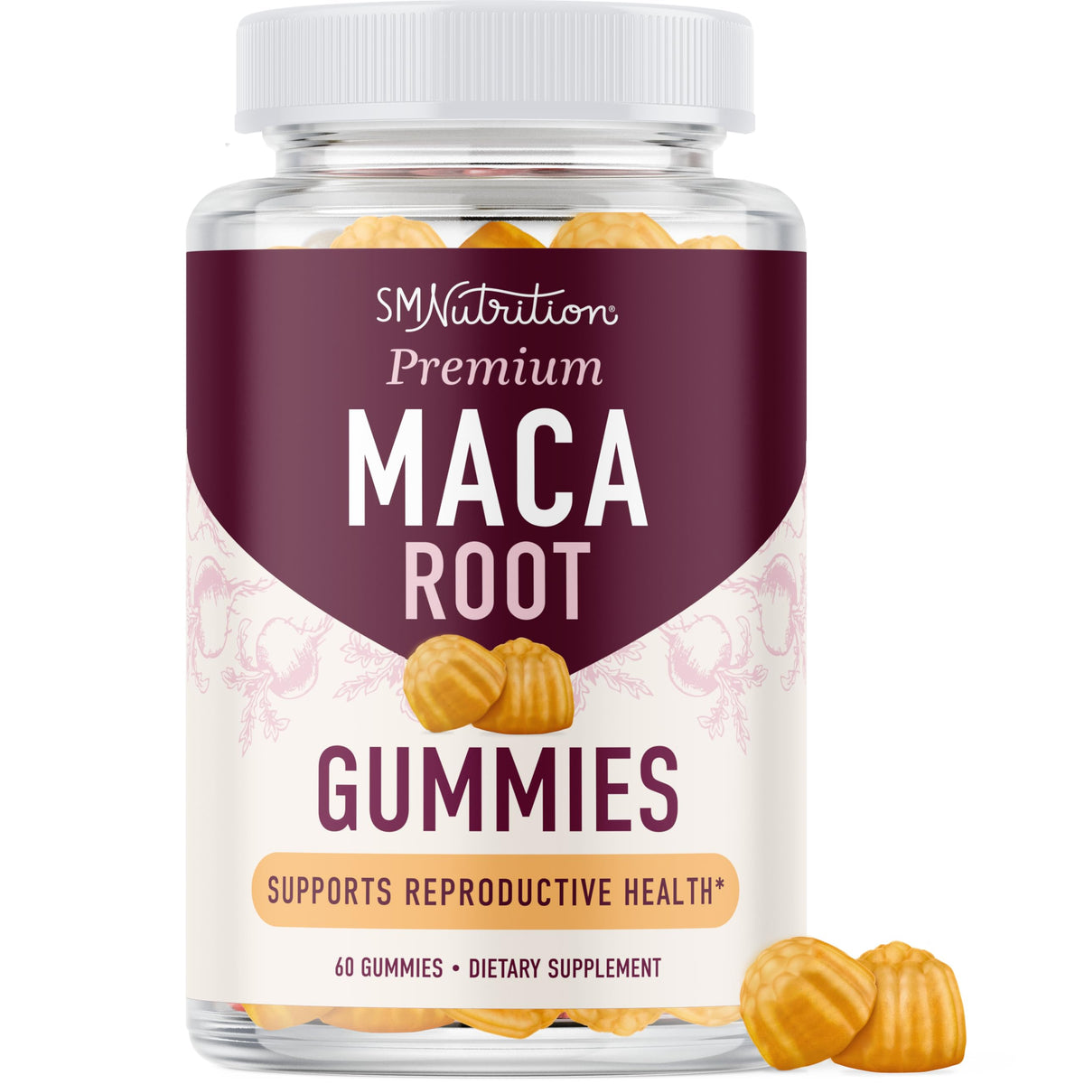 SMNutrition maca root gummies peach bottle for convenient daily energy and drive support.