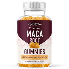 SMNutrition maca root gummies peach closeup highlighting chewy texture and pleasant flavor.