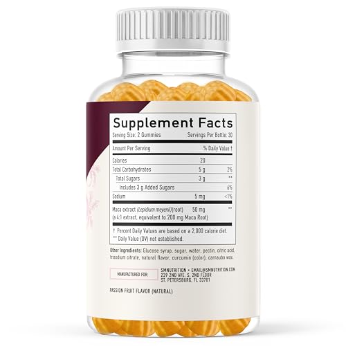 SMNutrition maca root gummies peach pour demonstrating quick daily serving for easy energy.